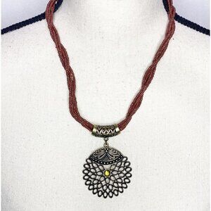 Boho Multi Strand Seed Bead Pendant Necklace Brown Gold Yellow Crystal 20”